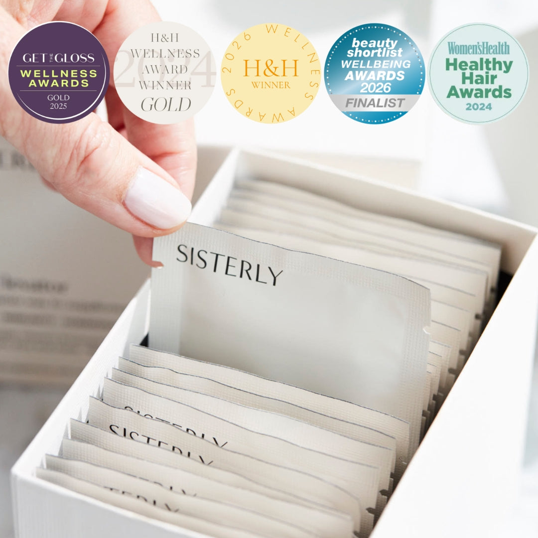 sisterly_award_wins_2026_5 badges over top of image of sisterly sachet being taken out of the box