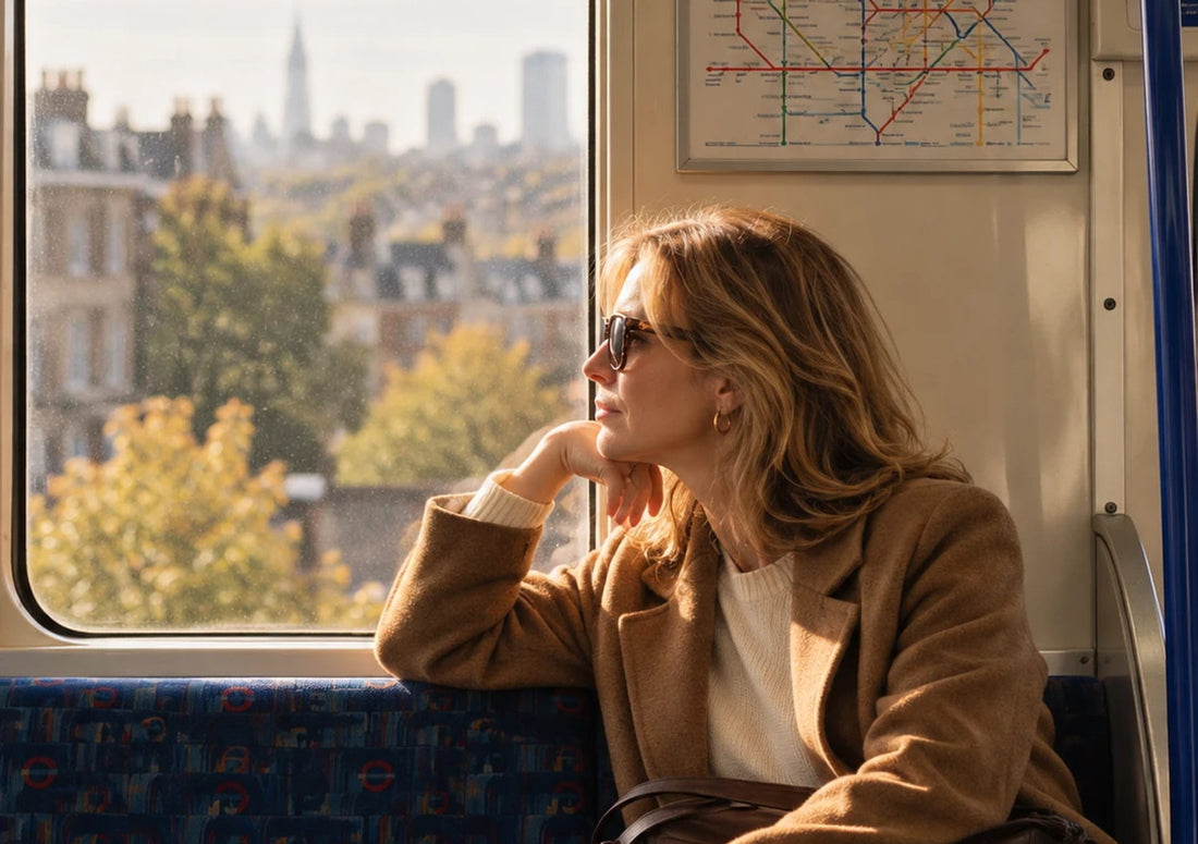 A woman in a camel coat sitting on a London Underground train, looking out of the window at the city